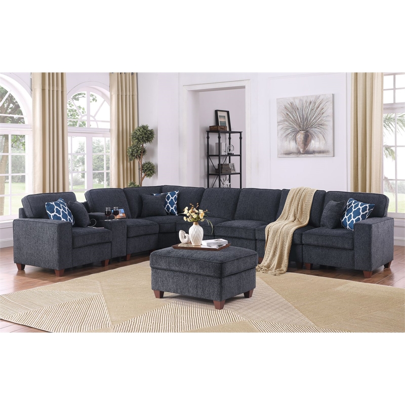 Pemberly Row 9-Piece Fabric Upholstered Sectional With Console & Ottoman-Black