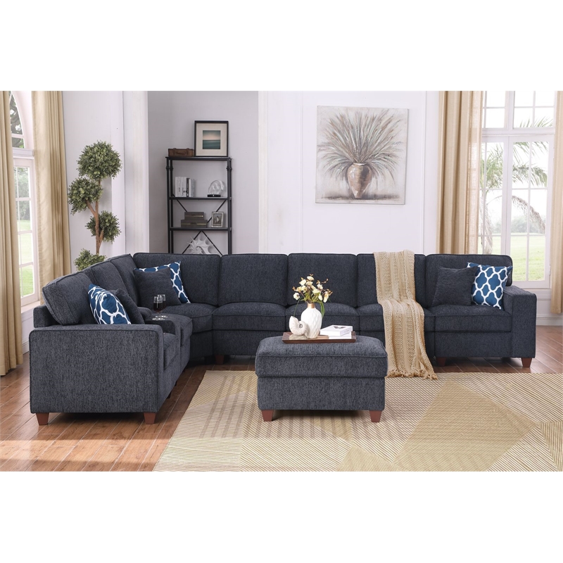 Pemberly Row 9-Piece Fabric Upholstered Sectional With Console & Ottoman-Black