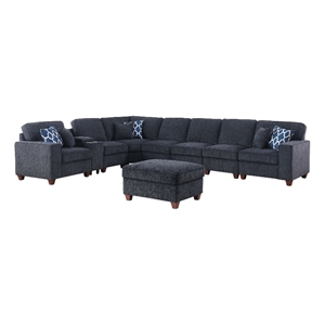 Pemberly Row 9-Piece Fabric Upholstered Sectional With Console & Ottoman-Black