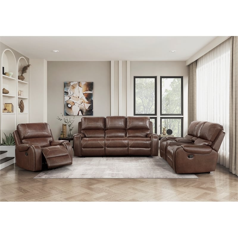 Pemberly Row Faux Leather Swivel Glider Manual Reclining Chair in Brown