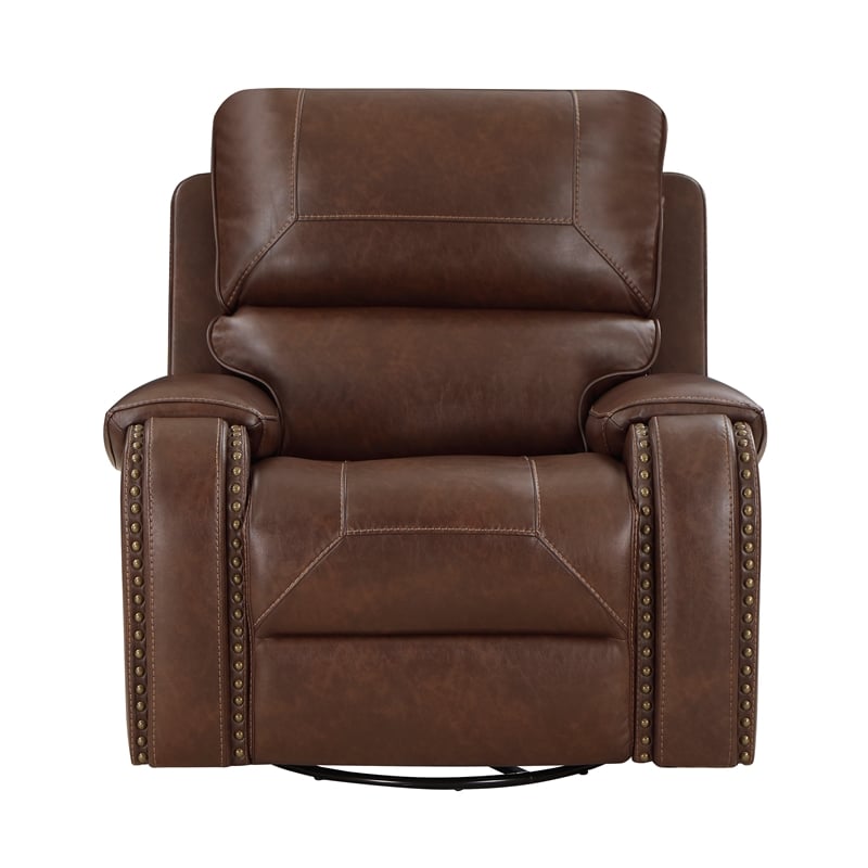Pemberly Row Faux Leather Swivel Glider Manual Reclining Chair in Brown