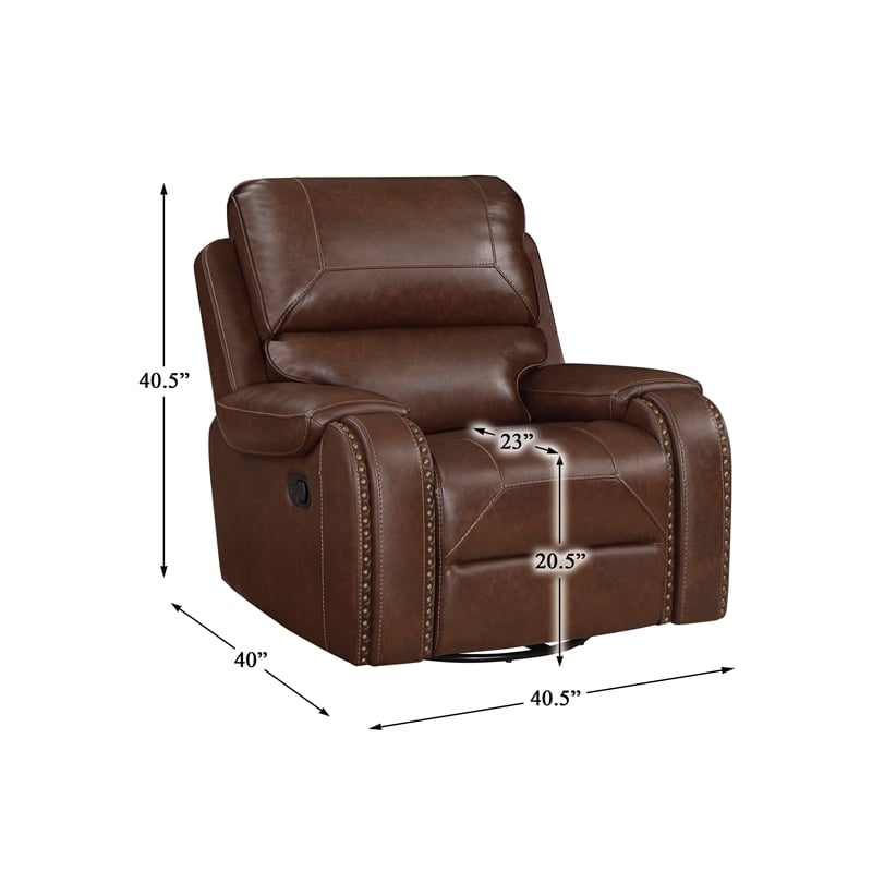 Pemberly Row Faux Leather Swivel Glider Manual Reclining Chair in Brown