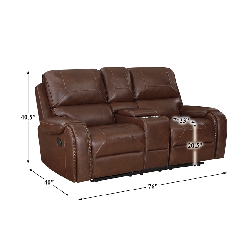 Pemberly Row Faux Leather Double Glider Manual Reclining Loveseat in Brown