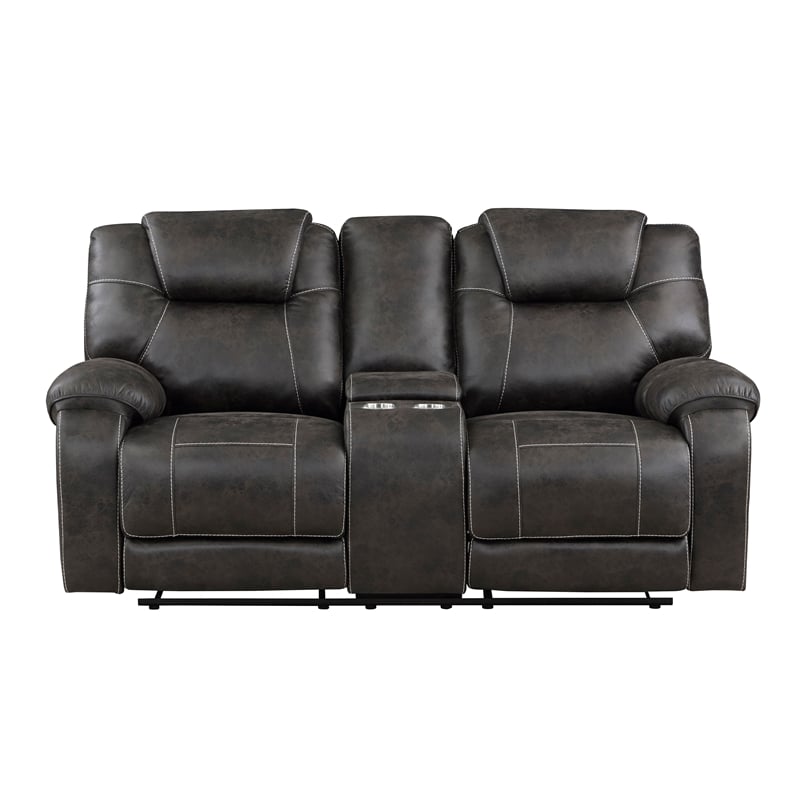 Pemberly Row Microfiber Double Manual Reclining Loveseat in Chocolate