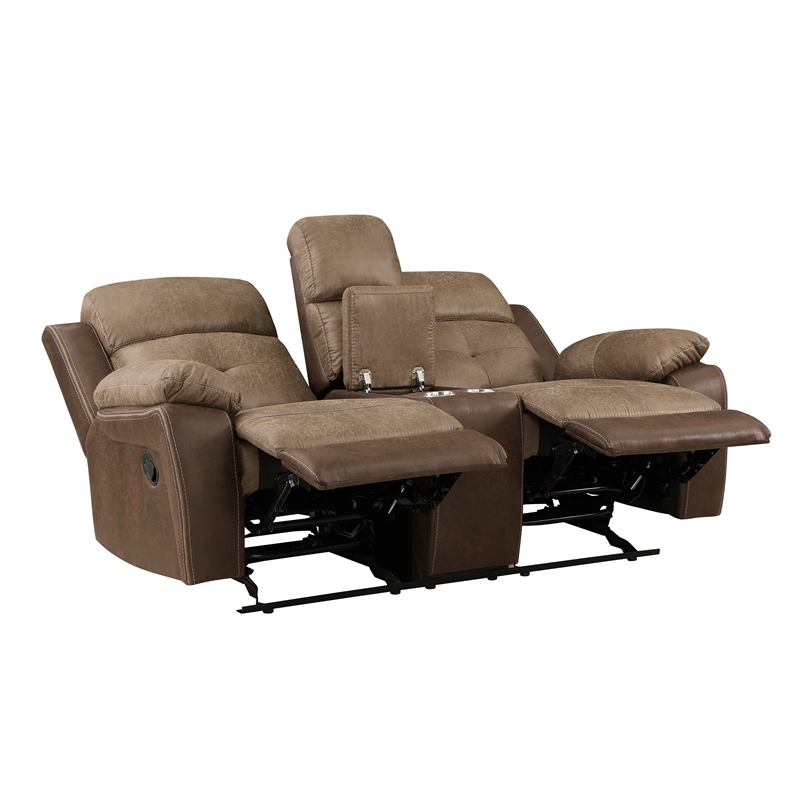 Pemberly Row Microfiber Double Glider Manual Reclining Loveseat in Brown