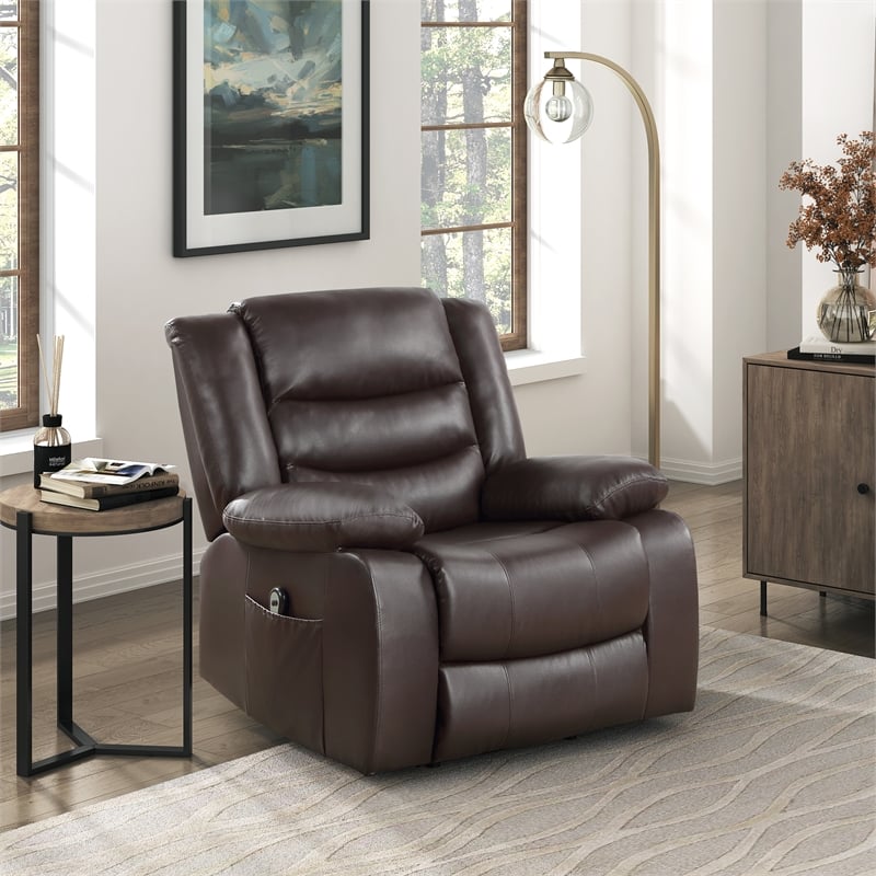 Pemberly Row Contemporary Faux Leather Power Lift Chair in Dark Brown