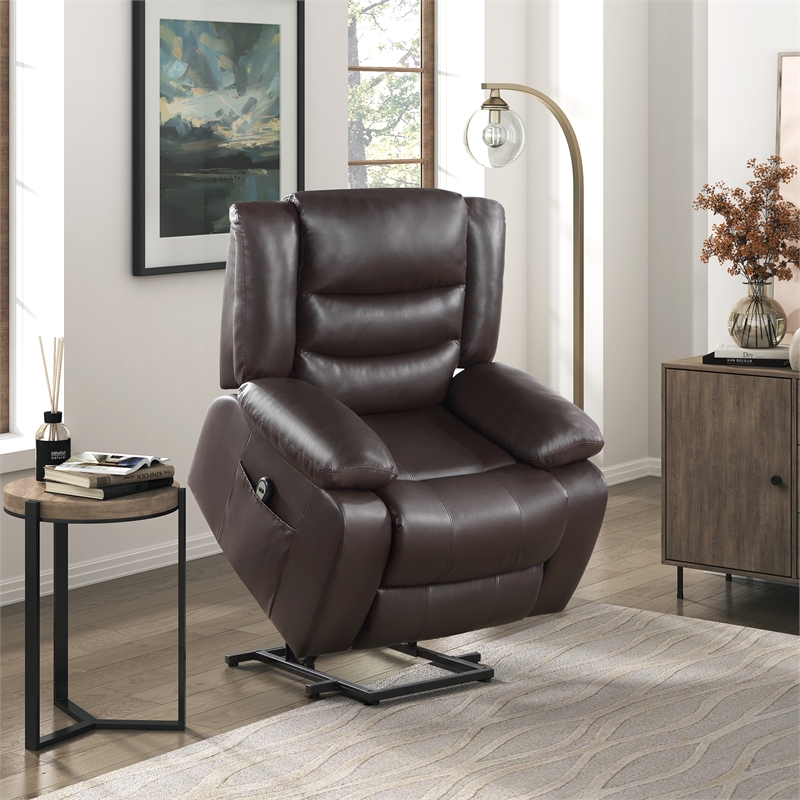 Pemberly Row Contemporary Faux Leather Power Lift Chair in Dark Brown