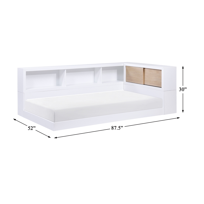 Pemberly Row Wood Twin Bookcase Corner Bed in 2-Tone Finish (White and Natural)