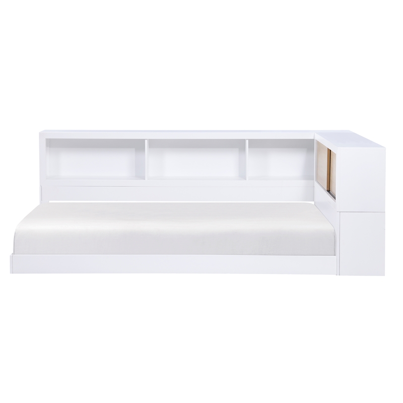 Pemberly Row Wood Twin Bookcase Corner Bed in 2-Tone Finish (White and Natural)