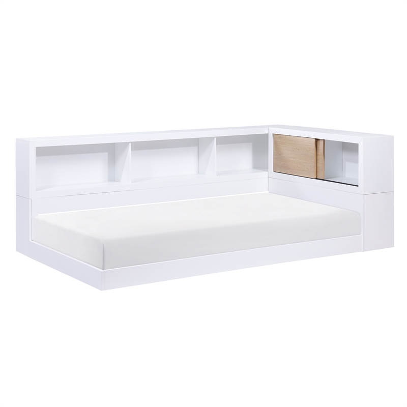 Pemberly Row Wood Twin Bookcase Corner Bed in 2-Tone Finish (White and Natural)