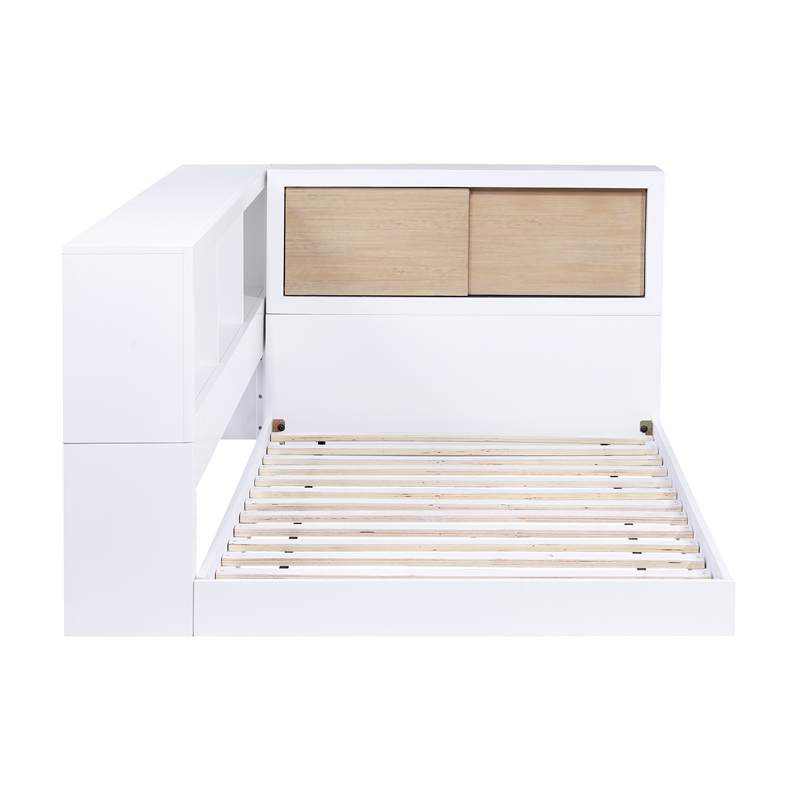 Pemberly Row Wood Twin Bookcase Corner Bed in 2-Tone Finish (White and Natural)