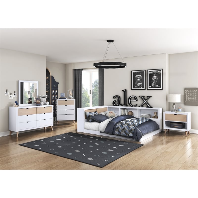 Pemberly Row Wood Full Bookcase Corner Bed in 2-Tone Finish (White and Natural)