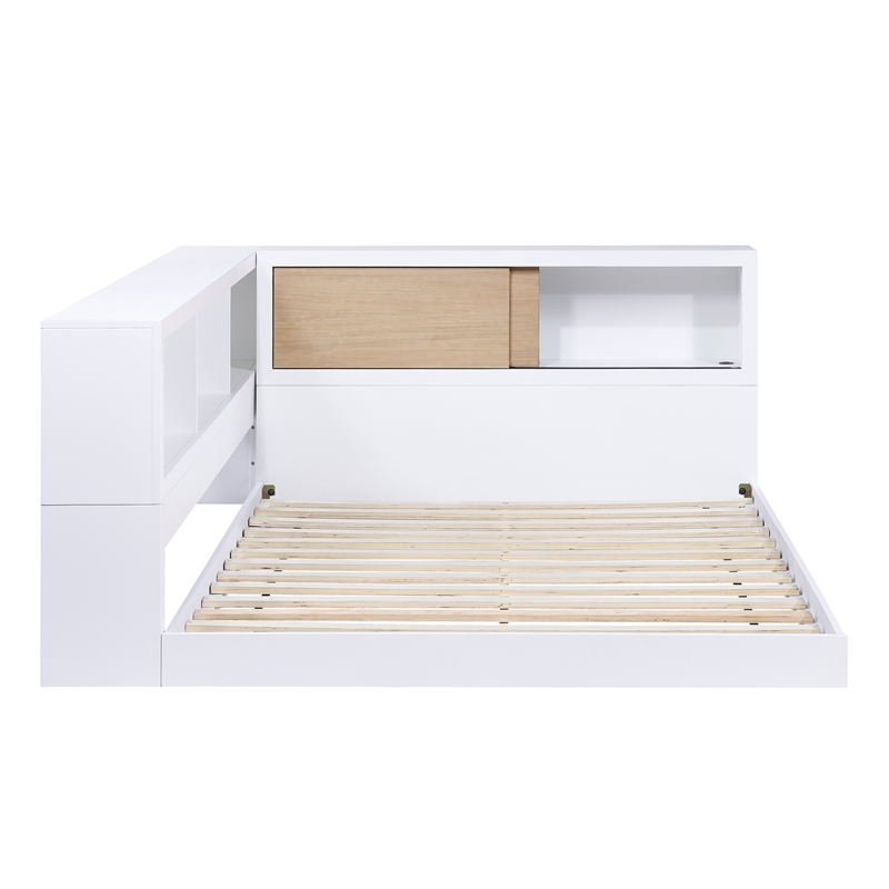 Pemberly Row Wood Full Bookcase Corner Bed in 2-Tone Finish (White and Natural)