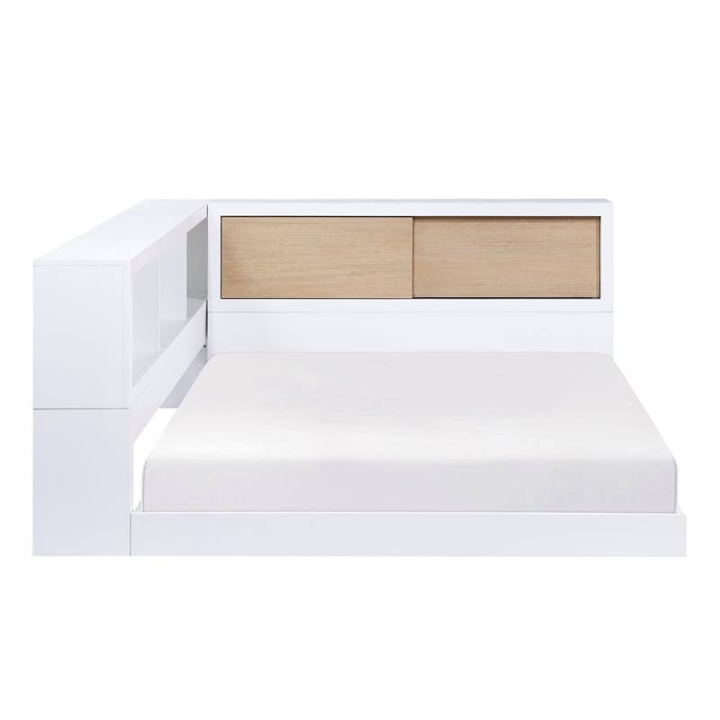 Pemberly Row Wood Full Bookcase Corner Bed in 2-Tone Finish (White and Natural)