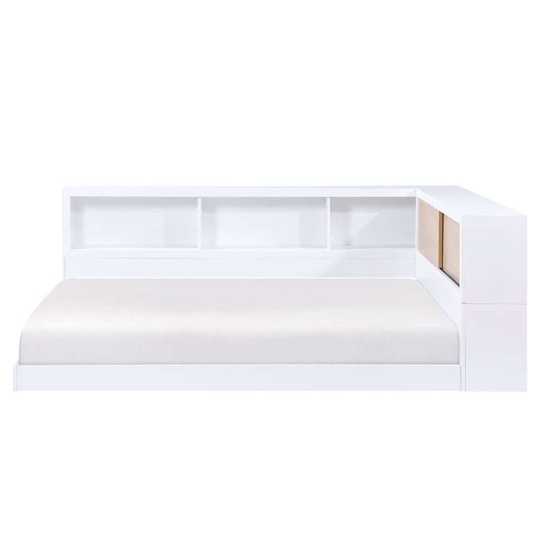 Pemberly Row Wood Full Bookcase Corner Bed in 2-Tone Finish (White and Natural)