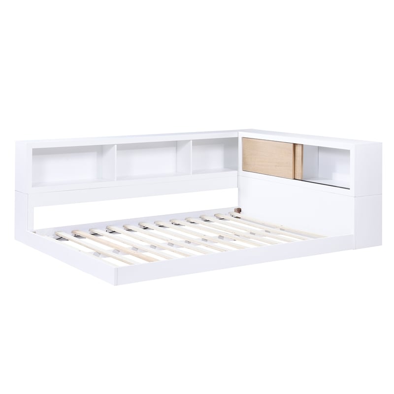 Pemberly Row Wood Full Bookcase Corner Bed in 2-Tone Finish (White and Natural)