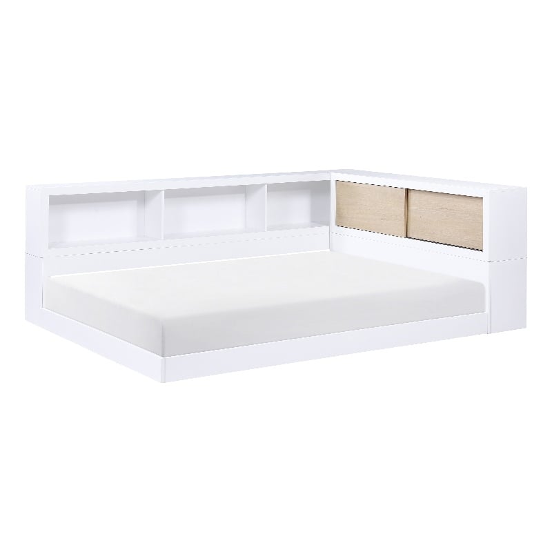 Pemberly Row Wood Full Bookcase Corner Bed in 2-Tone Finish (White and Natural)