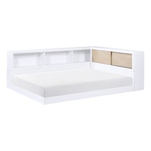 Pemberly Row Wood Full Bookcase Corner Bed in 2-Tone Finish (White and Natural)
