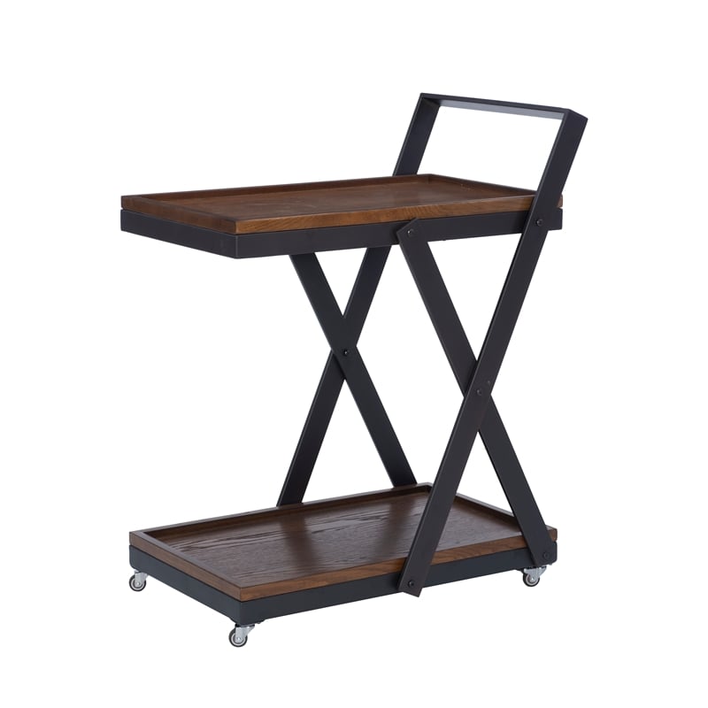 Pemberly Row Dark Rustic Wood 2 Level Rolling Bar Cart with Metal Frame in Black