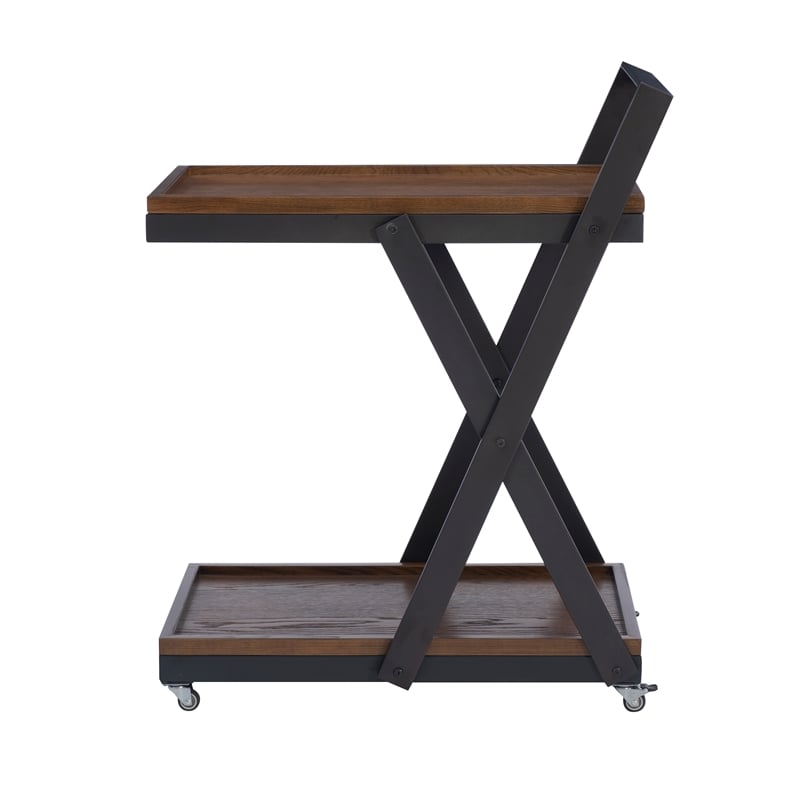 Pemberly Row Dark Rustic Wood 2 Level Rolling Bar Cart with Metal Frame in Black