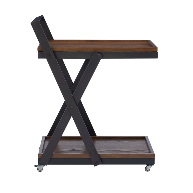 Pemberly Row Dark Rustic Wood 2 Level Rolling Bar Cart with Metal Frame in Black