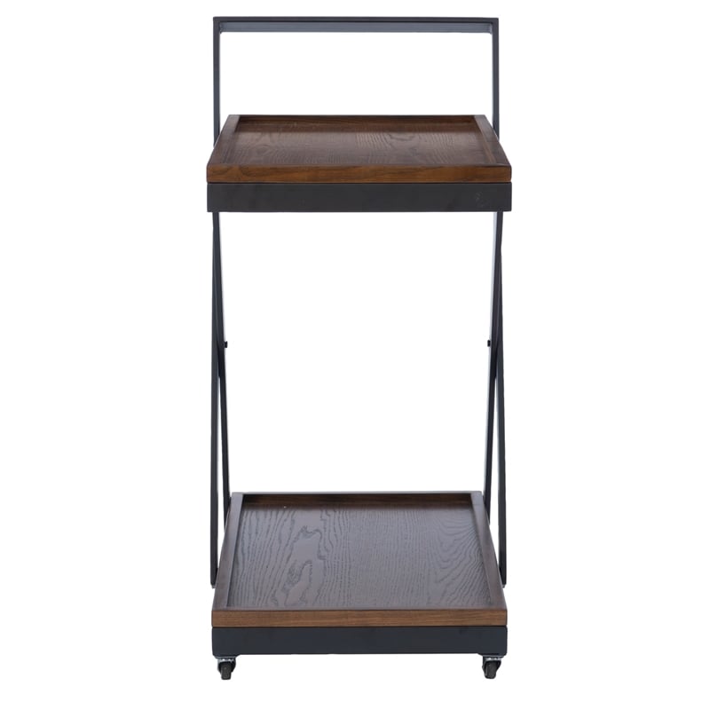 Pemberly Row Dark Rustic Wood 2 Level Rolling Bar Cart with Metal Frame in Black