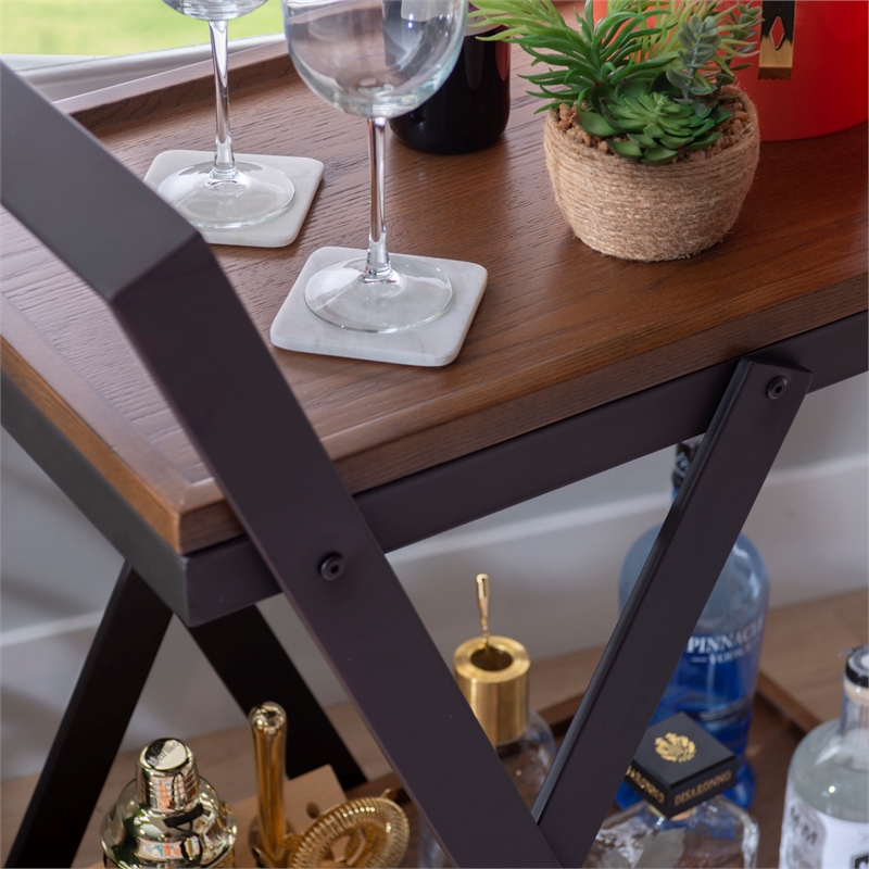 Pemberly Row Dark Rustic Wood 2 Level Rolling Bar Cart with Metal Frame in Black