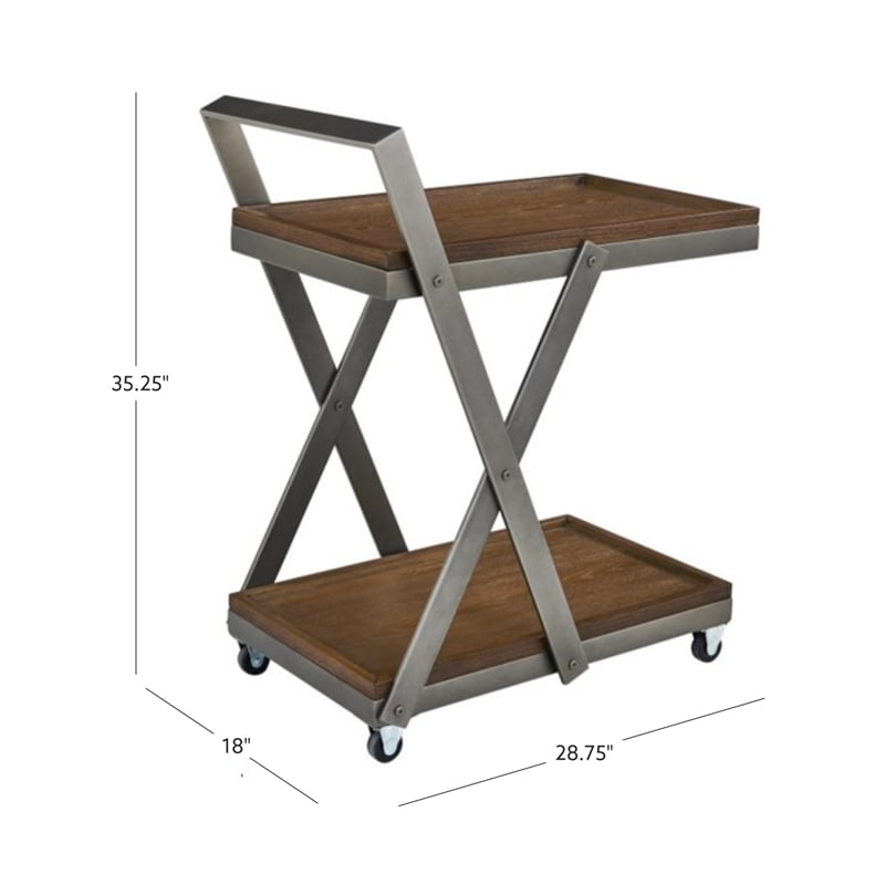 Pemberly Row Dark Rustic Wood 2 Level Rolling Bar Cart with Metal Frame in Black
