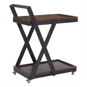 Pemberly Row Dark Rustic Wood 2 Level Rolling Bar Cart with Metal Frame in Black