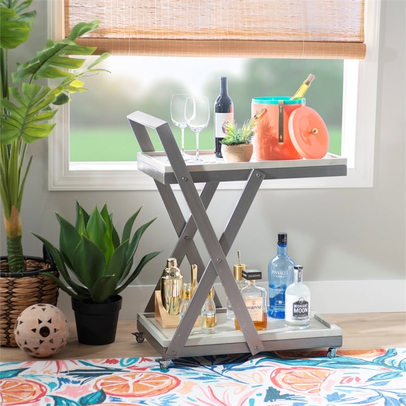 Pemberly Row Antique White Wood 2 Level Rolling Bar Cart Metal Frame in Pewter