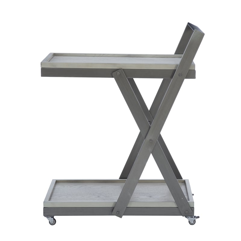 Pemberly Row Antique White Wood 2 Level Rolling Bar Cart Metal Frame in Pewter