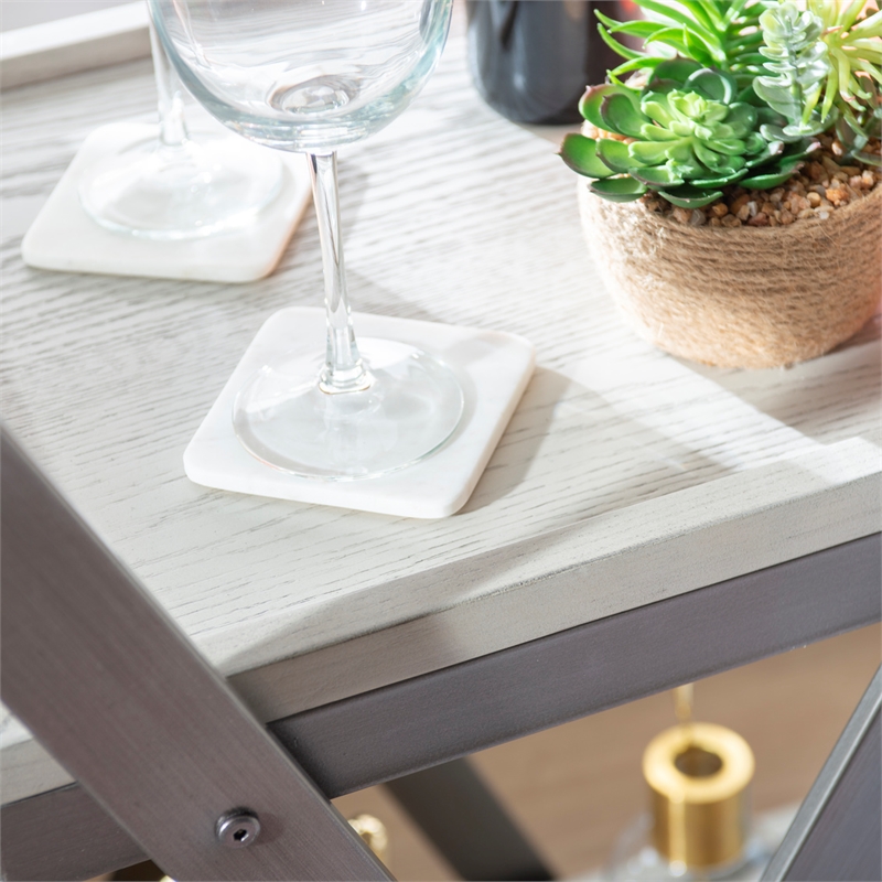 Pemberly Row Antique White Wood 2 Level Rolling Bar Cart Metal Frame in Pewter