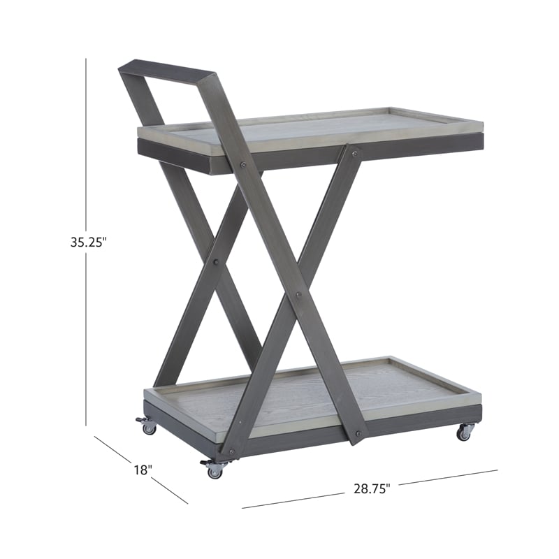 Pemberly Row Antique White Wood 2 Level Rolling Bar Cart Metal Frame in Pewter