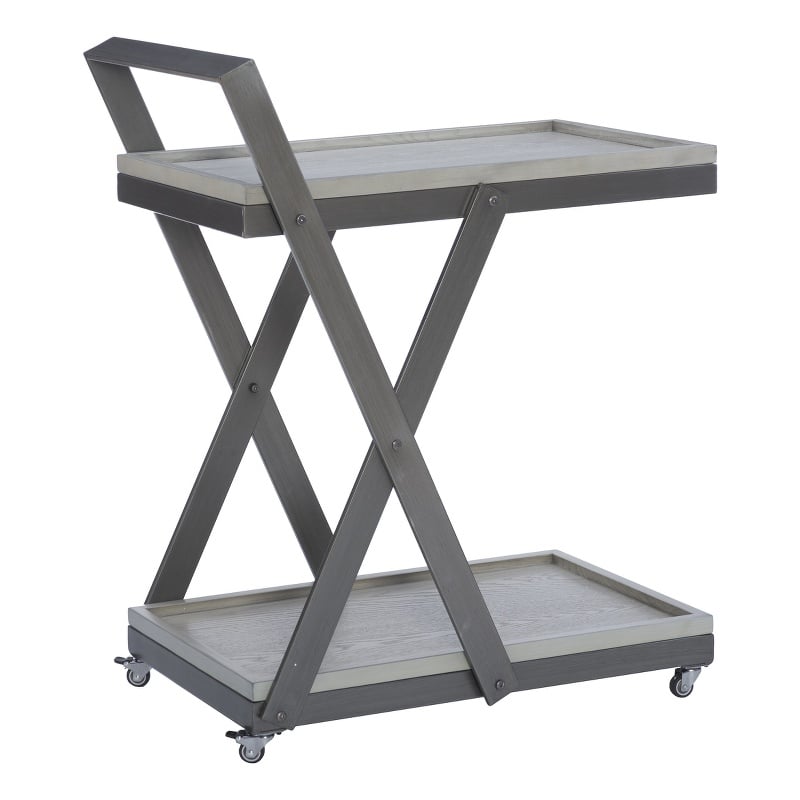 Pemberly Row Antique White Wood 2 Level Rolling Bar Cart Metal Frame in Pewter