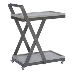 Pemberly Row Antique White Wood 2 Level Rolling Bar Cart Metal Frame in Pewter