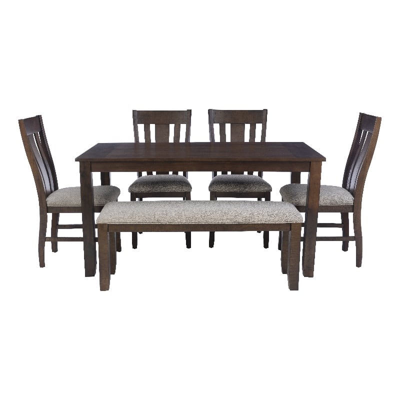 Pemberly Row Rustic Wood 6 Pcs Upholstered Dining Set 4 Chairs & Bench in Brown
