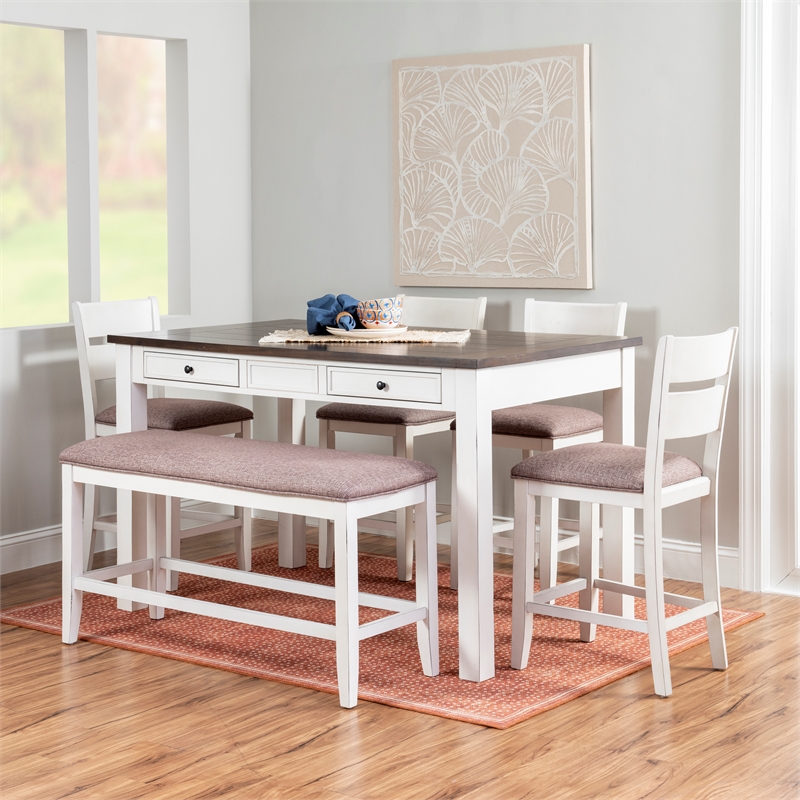 Pemberly Row 6-Piece Farmhouse Wood Counter Dining Set in Antique White/Brown