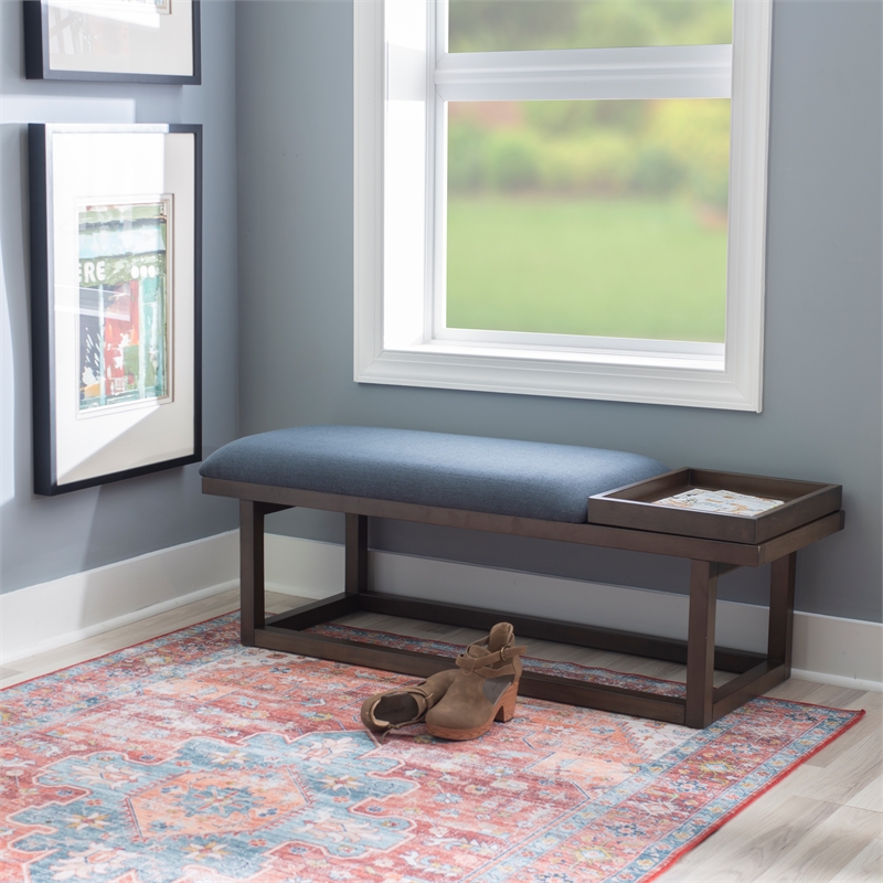 Pemberly Row Wood Navy Upholstered Bench w/ Removable Storage Tray in Dark Brown