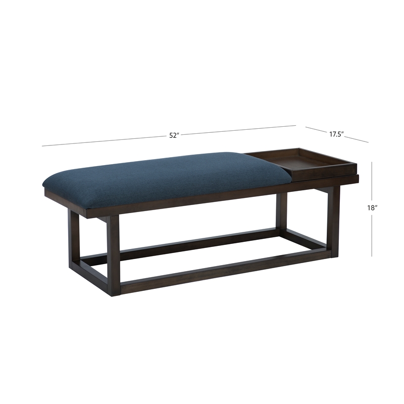Pemberly Row Wood Navy Upholstered Bench w/ Removable Storage Tray in Dark Brown