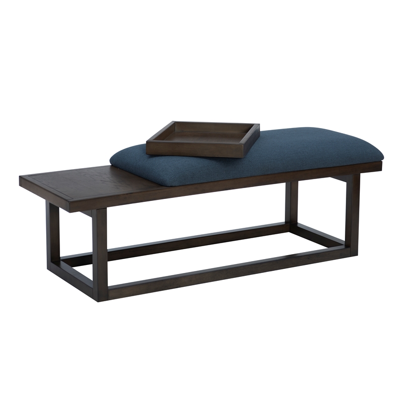 Pemberly Row Wood Navy Upholstered Bench w/ Removable Storage Tray in Dark Brown