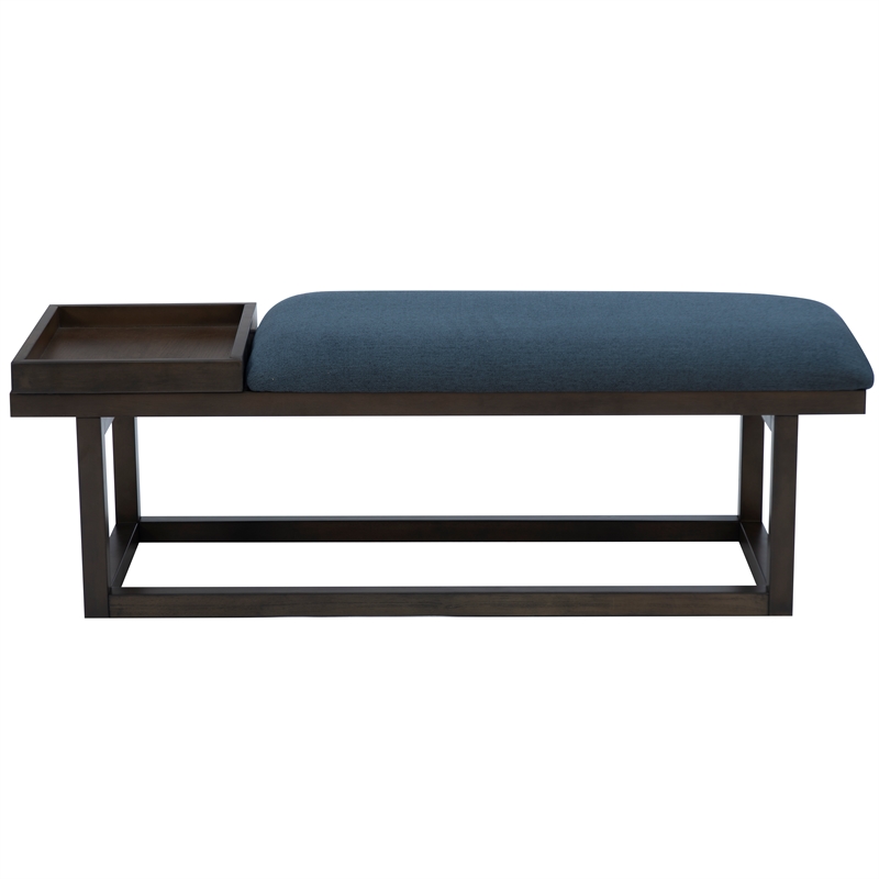 Pemberly Row Wood Navy Upholstered Bench w/ Removable Storage Tray in Dark Brown