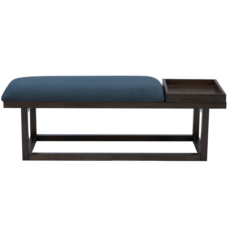 Pemberly Row Wood Navy Upholstered Bench w/ Removable Storage Tray in Dark Brown