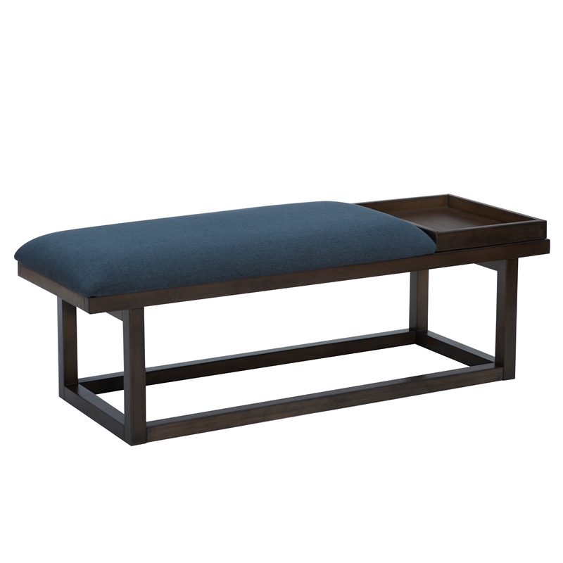 Pemberly Row Wood Navy Upholstered Bench w/ Removable Storage Tray in Dark Brown