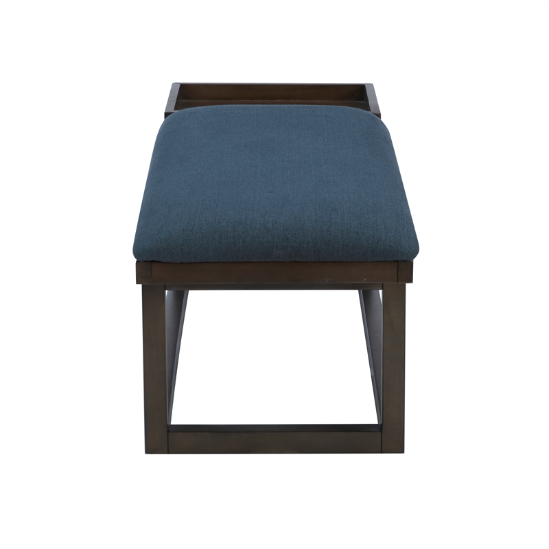 Pemberly Row Wood Navy Upholstered Bench w/ Removable Storage Tray in Dark Brown