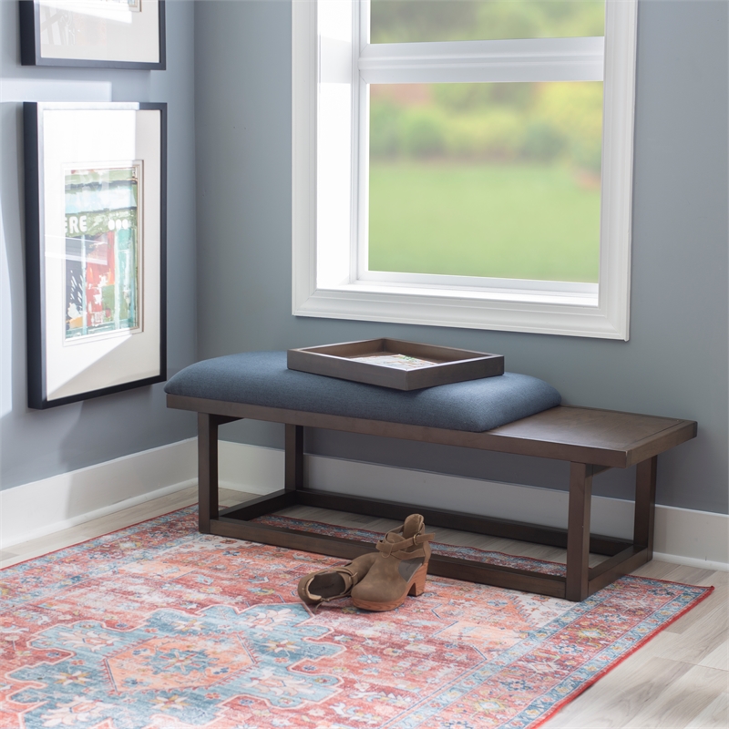 Pemberly Row Wood Navy Upholstered Bench w/ Removable Storage Tray in Dark Brown
