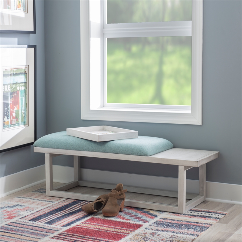 Pemberly Row Wood Aqua Upholstered Bench w/ Removable Storage Tray in Whitewash