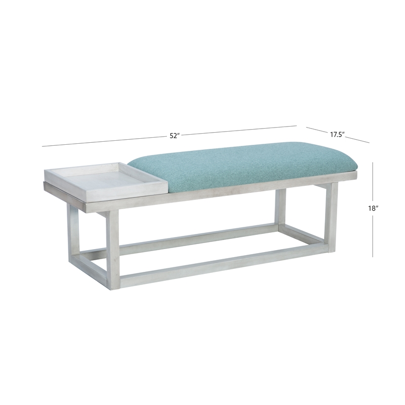 Pemberly Row Wood Aqua Upholstered Bench w/ Removable Storage Tray in Whitewash