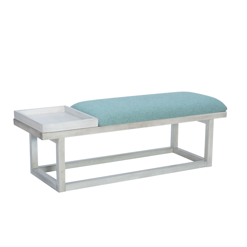 Pemberly Row Wood Aqua Upholstered Bench w/ Removable Storage Tray in Whitewash