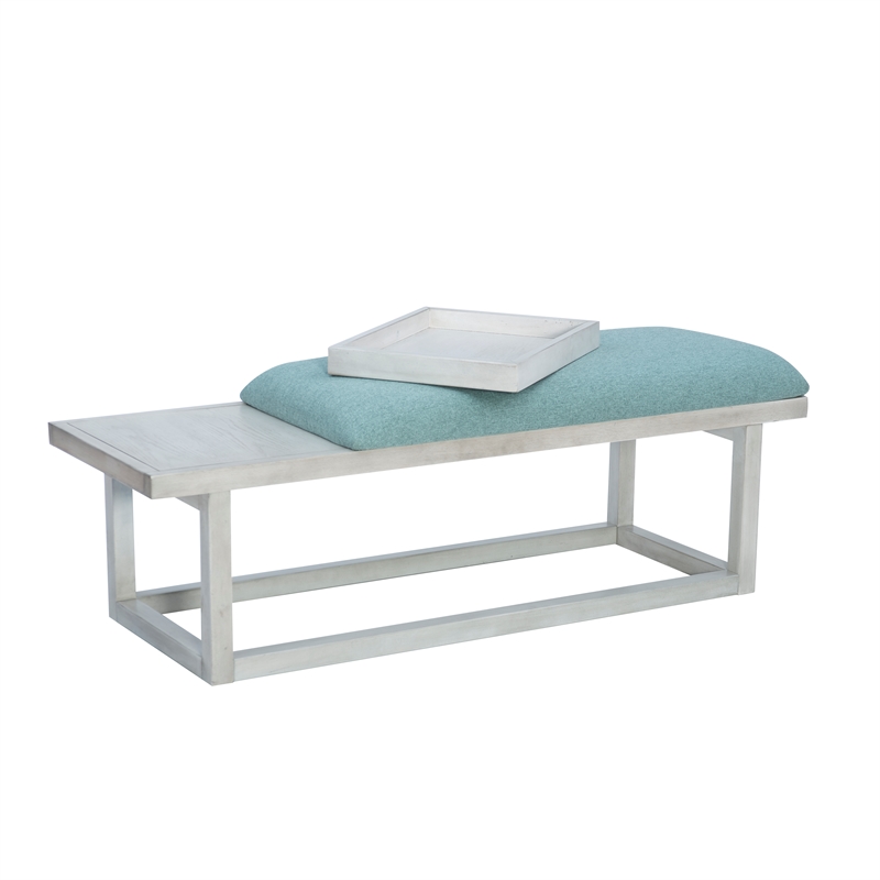 Pemberly Row Wood Aqua Upholstered Bench w/ Removable Storage Tray in Whitewash