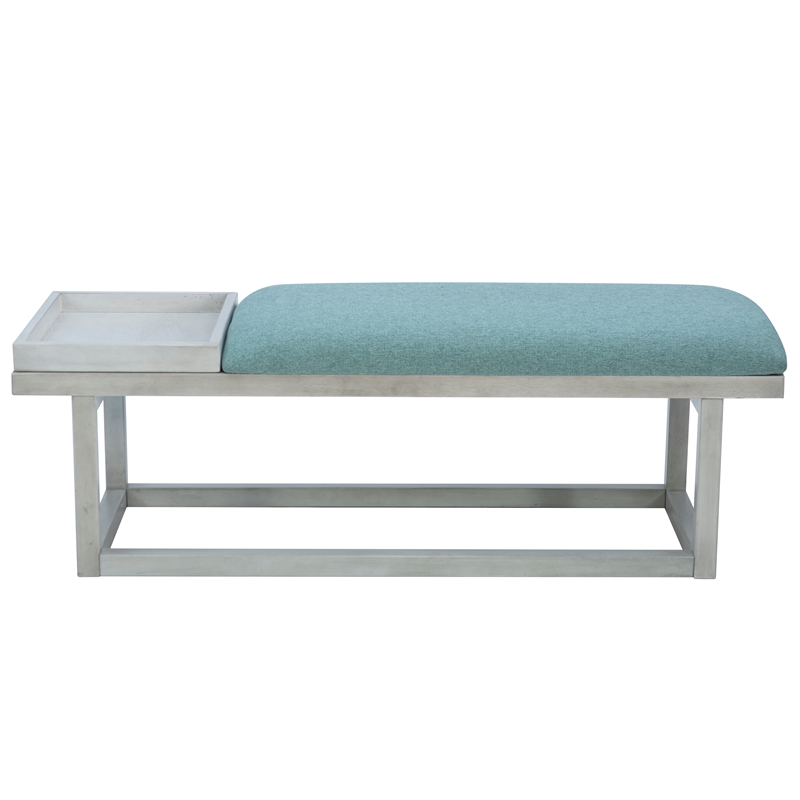 Pemberly Row Wood Aqua Upholstered Bench w/ Removable Storage Tray in Whitewash